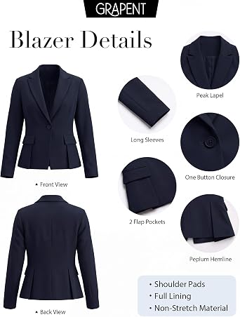 GRAPENT Womens Blazers Dressy Casual Tailored Fitted Peplum Work Office Suit Jacket Tailored Silhouette with Peplum Design, Long Sleeves, Built‑in Shoulder Pads, Great for Daily, Business Casual or Office Wear