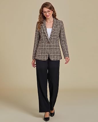 GRAPENT Tweed Blazers for Women Plaid Jacket Long Sleeve Work Casual Blazer Notched Lapel, Fully Lined, Shoulder Pads, Single Button, 2 Pockets, Interview, Office outfits, Business Casual Blazers