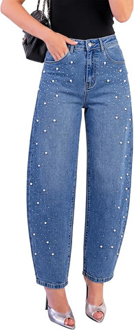 GRAPENT Barrel Jeans Women Rhinestone Pearl Embellished Sparkly Denim Pants High Waisted Jeans, Barrel Leg, Rhinestone and Pearl Embellished, Stretchy Denim Fabric, 29'' Inseam, Trendy, Dressy Casual