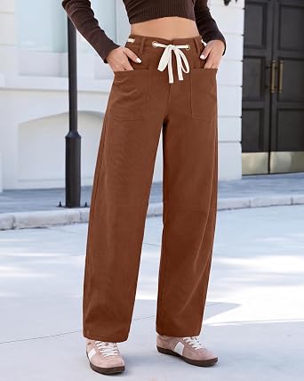 GRAPENT Barrel Corduroy Pants for Women High Waisted Ankle Casual Trousers Barrel Leg, Button-Zip, Elastic Back Waist, Stretchy, Drawstring Waist with Metal Eyelet, Fall Winter Pants, Casual Outfits