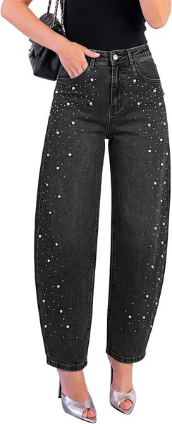 GRAPENT Barrel Jeans Women Rhinestone Pearl Embellished Sparkly Denim Pants High Waisted Jeans, Barrel Leg, Rhinestone and Pearl Embellished, Stretchy Denim Fabric, 29'' Inseam, Trendy, Dressy Casual