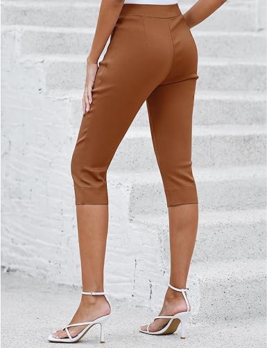 GRAPENT Capri Pants for Women High Waisted Pull On Elastic Waist Dressy Casual Stretchy Capris Trousers Pants Pockets