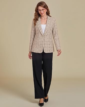 GRAPENT Tweed Blazers for Women Plaid Jacket Long Sleeve Work Casual Blazer Notched Lapel, Fully Lined, Shoulder Pads, Single Button, 2 Pockets, Interview, Office outfits, Business Casual Blazers