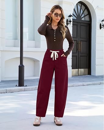 GRAPENT Barrel Corduroy Pants for Women High Waisted Ankle Casual Trousers Barrel Leg, Button-Zip, Elastic Back Waist, Stretchy, Drawstring Waist with Metal Eyelet, Fall Winter Pants, Casual Outfits