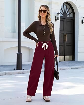 GRAPENT Barrel Corduroy Pants for Women High Waisted Ankle Casual Trousers Barrel Leg, Button-Zip, Elastic Back Waist, Stretchy, Drawstring Waist with Metal Eyelet, Fall Winter Pants, Casual Outfits