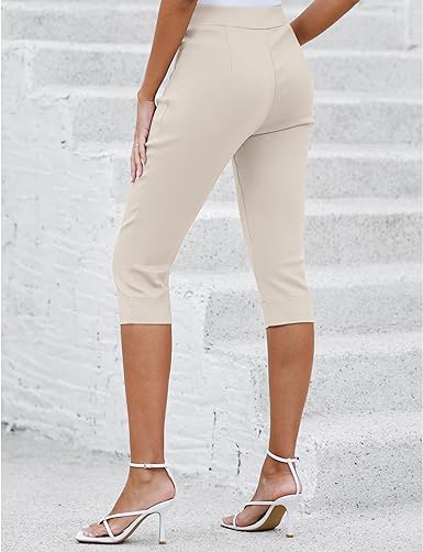 GRAPENT Capri Pants for Women High Waisted Pull On Elastic Waist Dressy Casual Stretchy Capris Trousers Pants Pockets