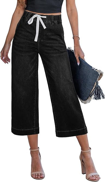 GRAPENT Capris Jeans for Women Trendy Wide Leg Capri Pants High Waisted Pull On Elastic Waist Summer Stretch Denim Jeans