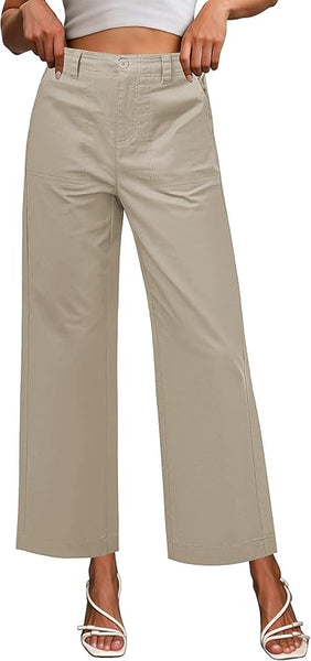 GRAPENT Wide Leg Pants for Women Cropped Chino High Waisted Business Casual Elastic Waist Work Trouser Pants with Pocket