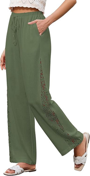 GRAPENT Linen Pants Women Wide Leg High Waisted Crochet Panel Pull On Elastic Waist Casual Summer Beach Vacation Pants