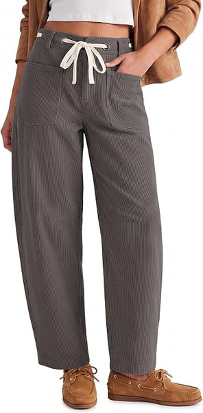 GRAPENT Barrel Corduroy Pants for Women High Waisted Ankle Casual Trousers Barrel Leg, Button-Zip, Elastic Back Waist, Stretchy, Drawstring Waist with Metal Eyelet, Fall Winter Pants, Casual Outfits