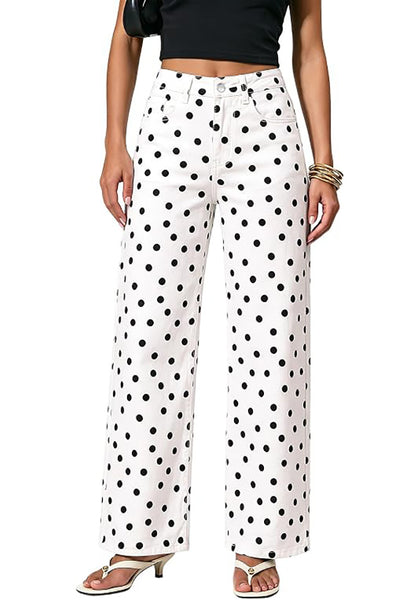 GRAPENT Wide Leg Jeans for Women High Waisted Polka Dot Stretch Denim Pants | Polka Dot, 90s Baggy Straight, High Rise, 29.5 Inch Inseam, Stretchy Jean Pants, Classic 5 Pockets, Business Casual Outfits