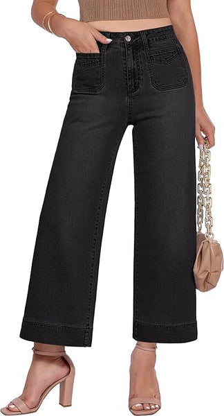 GRAPENT Cropped Jeans for Women Trendy 2026 Wide Leg High Waisted Patch Pocket Stretchy Denim Pants Short Trouser Jeans