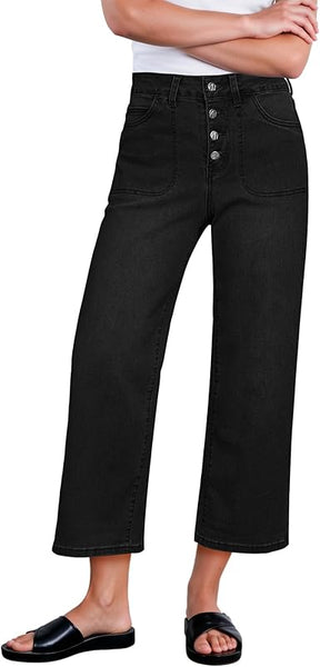 GRAPENT Wide Leg Jeans for Women Cropped Trendy High Waisted Button Fly Loose Straight Leg Stretchy Denim Trouser Jeans