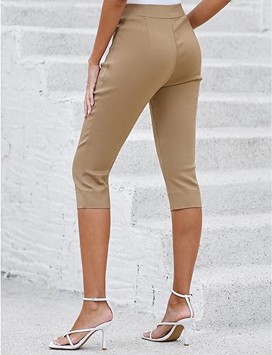 GRAPENT Capri Pants for Women High Waisted Pull On Elastic Waist Dressy Casual Stretchy Capris Trousers Pants Pockets