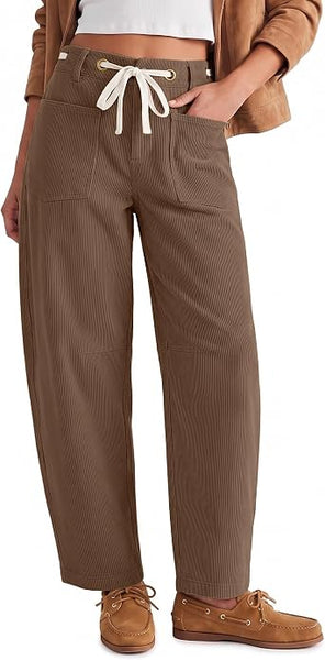 GRAPENT Barrel Corduroy Pants for Women High Waisted Ankle Casual Trousers Barrel Leg, Button-Zip, Elastic Back Waist, Stretchy, Drawstring Waist with Metal Eyelet, Fall Winter Pants, Casual Outfits