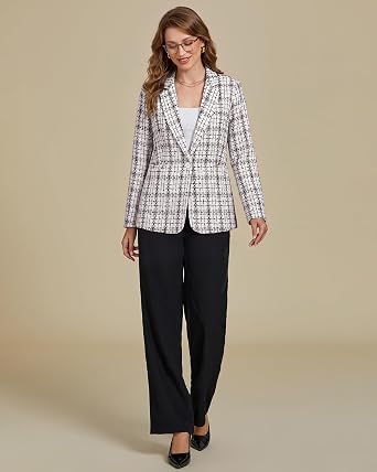 GRAPENT Tweed Blazers for Women Plaid Jacket Long Sleeve Work Casual Blazer Notched Lapel, Fully Lined, Shoulder Pads, Single Button, 2 Pockets, Interview, Office outfits, Business Casual Blazers