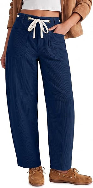 GRAPENT Barrel Corduroy Pants for Women High Waisted Ankle Casual Trousers Barrel Leg, Button-Zip, Elastic Back Waist, Stretchy, Drawstring Waist with Metal Eyelet, Fall Winter Pants, Casual Outfits