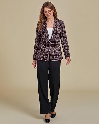GRAPENT Tweed Blazers for Women Plaid Jacket Long Sleeve Work Casual Blazer Notched Lapel, Fully Lined, Shoulder Pads, Single Button, 2 Pockets, Interview, Office outfits, Business Casual Blazers
