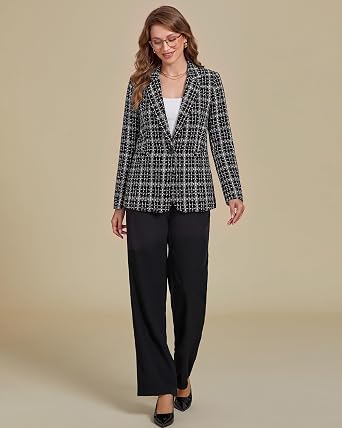 GRAPENT Tweed Blazers for Women Plaid Jacket Long Sleeve Work Casual Blazer Notched Lapel, Fully Lined, Shoulder Pads, Single Button, 2 Pockets, Interview, Office outfits, Business Casual Blazers