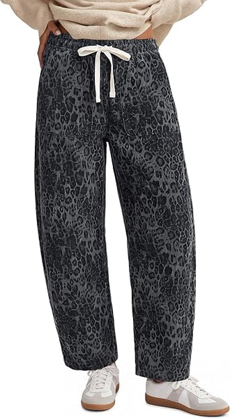 GRAPENT Womens Barrel Corduroy Pants Leopard Cheetah Elastic Waist Trousers Pull On Pants, Barrel Leg, Ankle Length, High Waist with Drawstring, Relaxed Fit, Comfy Fall Winter Pants, Casual Outfits