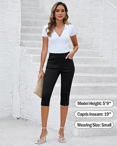 GRAPENT Capri Pants for Women High Waisted Pull On Elastic Waist Dressy Casual Stretchy Capris Trousers Pants Pockets
