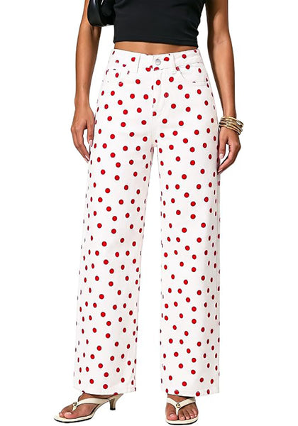 GRAPENT Wide Leg Jeans for Women High Waisted Polka Dot Stretch Denim Pants | Polka Dot, 90s Baggy Straight, High Rise, 29.5 Inch Inseam, Stretchy Jean Pants, Classic 5 Pockets, Business Casual Outfits