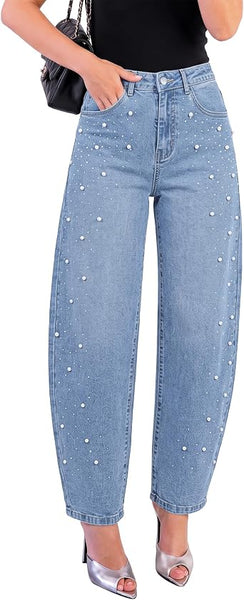 GRAPENT Barrel Jeans Women Rhinestone Pearl Embellished Sparkly Denim Pants High Waisted Jeans, Barrel Leg, Rhinestone and Pearl Embellished, Stretchy Denim Fabric, 29'' Inseam, Trendy, Dressy Casual