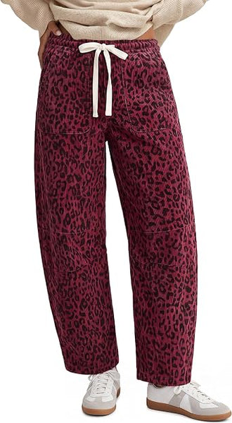 GRAPENT Womens Barrel Corduroy Pants Leopard Cheetah Elastic Waist Trousers Pull On Pants, Barrel Leg, Ankle Length, High Waist with Drawstring, Relaxed Fit, Comfy Fall Winter Pants, Casual Outfits