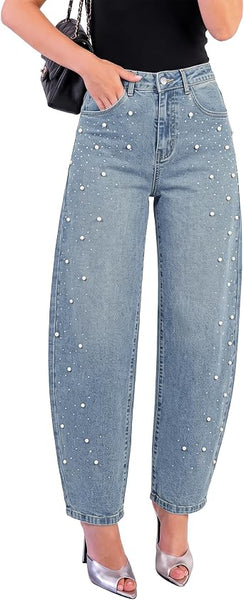 GRAPENT Barrel Jeans Women Rhinestone Pearl Embellished Sparkly Denim Pants High Waisted Jeans, Barrel Leg, Rhinestone and Pearl Embellished, Stretchy Denim Fabric, 29'' Inseam, Trendy, Dressy Casual