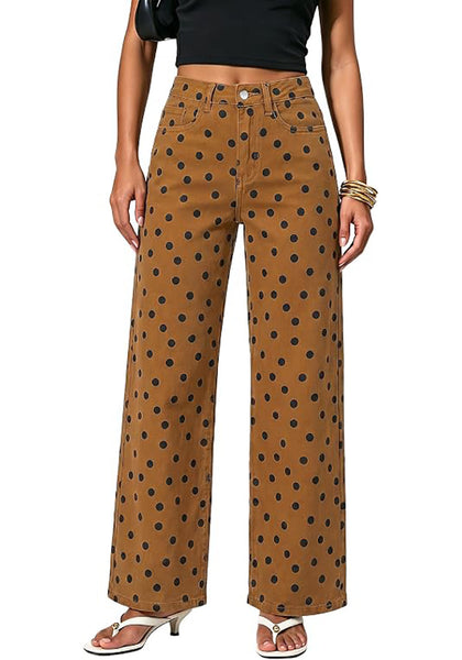 GRAPENT Wide Leg Jeans for Women High Waisted Polka Dot Stretch Denim Pants | Polka Dot, 90s Baggy Straight, High Rise, 29.5 Inch Inseam, Stretchy Jean Pants, Classic 5 Pockets, Business Casual Outfits