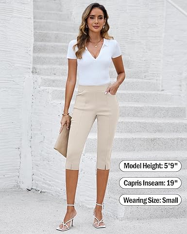 GRAPENT Capri Pants for Women High Waisted Pull On Elastic Waist Dressy Casual Stretchy Capris Trousers Pants Pockets