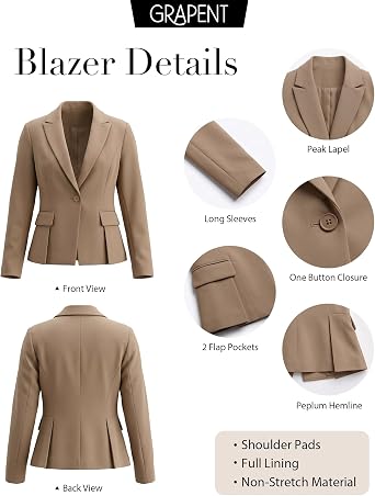 GRAPENT Womens Blazers Dressy Casual Tailored Fitted Peplum Work Office Suit Jacket Tailored Silhouette with Peplum Design, Long Sleeves, Built‑in Shoulder Pads, Great for Daily, Business Casual or Office Wear