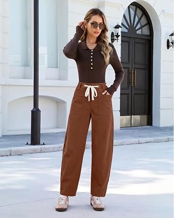 GRAPENT Barrel Corduroy Pants for Women High Waisted Ankle Casual Trousers Barrel Leg, Button-Zip, Elastic Back Waist, Stretchy, Drawstring Waist with Metal Eyelet, Fall Winter Pants, Casual Outfits