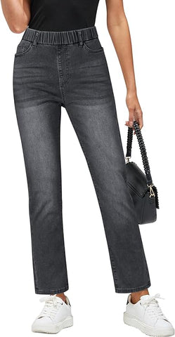 GRAPENT Straight Leg Jeans for Women Trendy Pull On High Waisted Cropped Elastic Waist Stretchy Denim Pants Ankle Jeans
