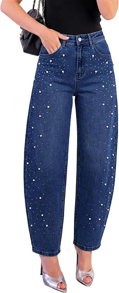GRAPENT Barrel Jeans Women Rhinestone Pearl Embellished Sparkly Denim Pants High Waisted Jeans, Barrel Leg, Rhinestone and Pearl Embellished, Stretchy Denim Fabric, 29'' Inseam, Trendy, Dressy Casual