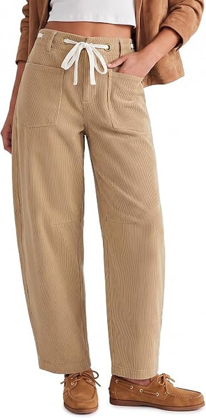 GRAPENT Barrel Corduroy Pants for Women High Waisted Ankle Casual Trousers Barrel Leg, Button-Zip, Elastic Back Waist, Stretchy, Drawstring Waist with Metal Eyelet, Fall Winter Pants, Casual Outfits