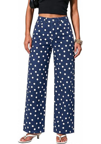 GRAPENT Wide Leg Jeans for Women High Waisted Polka Dot Stretch Denim Pants | Polka Dot, 90s Baggy Straight, High Rise, 29.5 Inch Inseam, Stretchy Jean Pants, Classic 5 Pockets, Business Casual Outfits