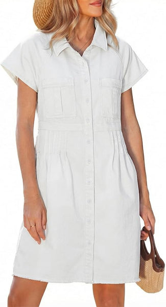 GRAPENT Denim Dresses for Women Short Sleeve Babydoll Pleated Raw Hem Distressed Casual Western Jean Dress with Pockets