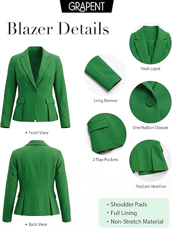 GRAPENT Womens Blazers Dressy Casual Tailored Fitted Peplum Work Office Suit Jacket Tailored Silhouette with Peplum Design, Long Sleeves, Built‑in Shoulder Pads, Great for Daily, Business Casual or Office Wear
