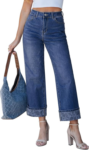 Grapent Women's High Waisted Cropped Wide Leg Jeans Trendy Printed Design Fold Hem Loose Straight Leg Stretchy Denim Pants Casual Daily Fashion Trousers