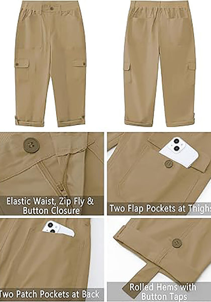 GRAPENT Cargo Capri Pants for Women High Waisted Relaxed Fit Elastic Knit Waist Casual Capris Trousers Cropped Pants