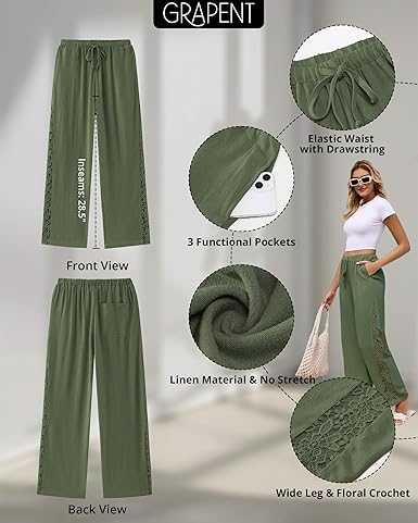 GRAPENT Linen Pants Women Wide Leg High Waisted Crochet Panel Pull On Elastic Waist Casual Summer Beach Vacation Pants