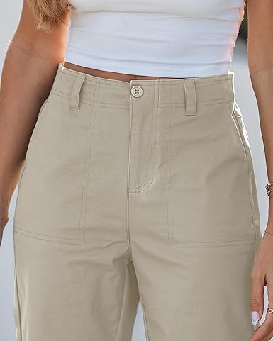 GRAPENT Wide Leg Pants for Women Cropped Chino High Waisted Business Casual Elastic Waist Work Trouser Pants with Pocket