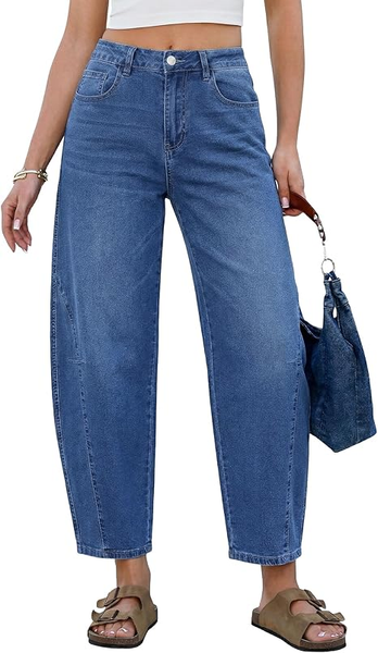 GRAPENT Barrel Jeans for Women Cropped Trendy High Waisted Baggy Side Seamed Casual Stretchy Denim Pants Wide Leg Jeans