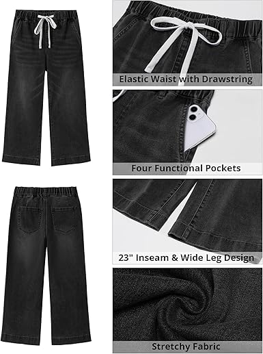 GRAPENT Capris Jeans for Women Trendy Wide Leg Capri Pants High Waisted Pull On Elastic Waist Summer Stretch Denim Jeans