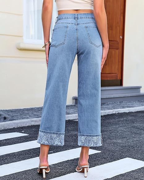 Grapent Women's High Waisted Cropped Wide Leg Jeans Trendy Printed Design Fold Hem Loose Straight Leg Stretchy Denim Pants Casual Daily Fashion Trousers
