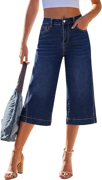 GRAPENT Capri Jeans for Women Wide Leg Trendy High Waisted Side Seam Stretchy Denim Capris Pants Summer Casual Jeans