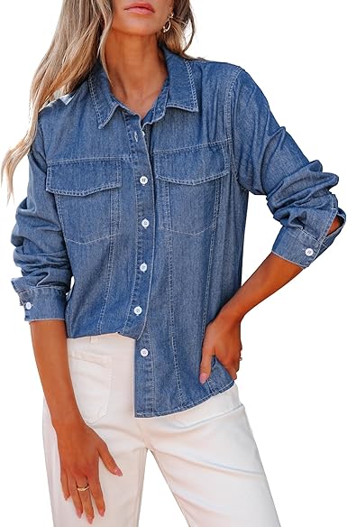 GRAPENT Women's Shirt Rugged Button Down Loose Durable Classic Fitted Denim Blouse Top