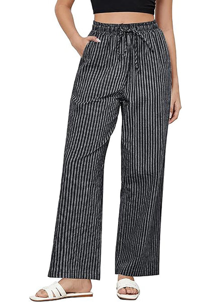 GRAPENT Striped Pants for Women High Waisted Wide Leg Cotton Linen Trendy Beach Pull on Elastic Waist Casual Flowy Pants