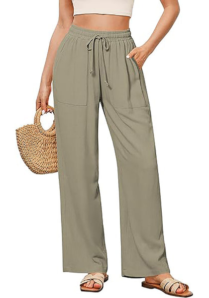 GRAPENT Linen Pants for Women Wide Leg High Waisted Baggy Drawstring Elastic Waist Palazzo Trousers Pants with Pockets